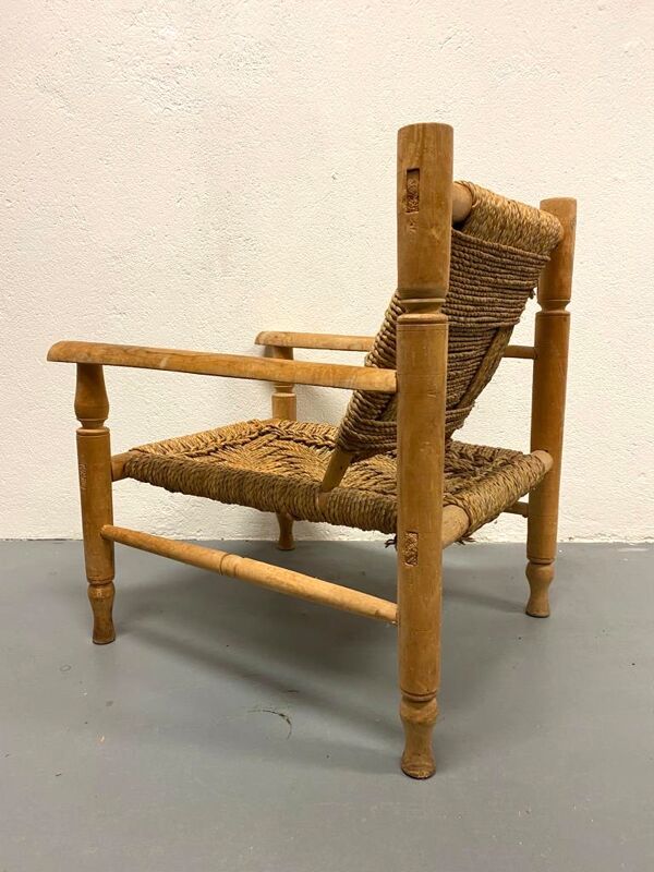 Fauteuil et repose pied en bois et corde