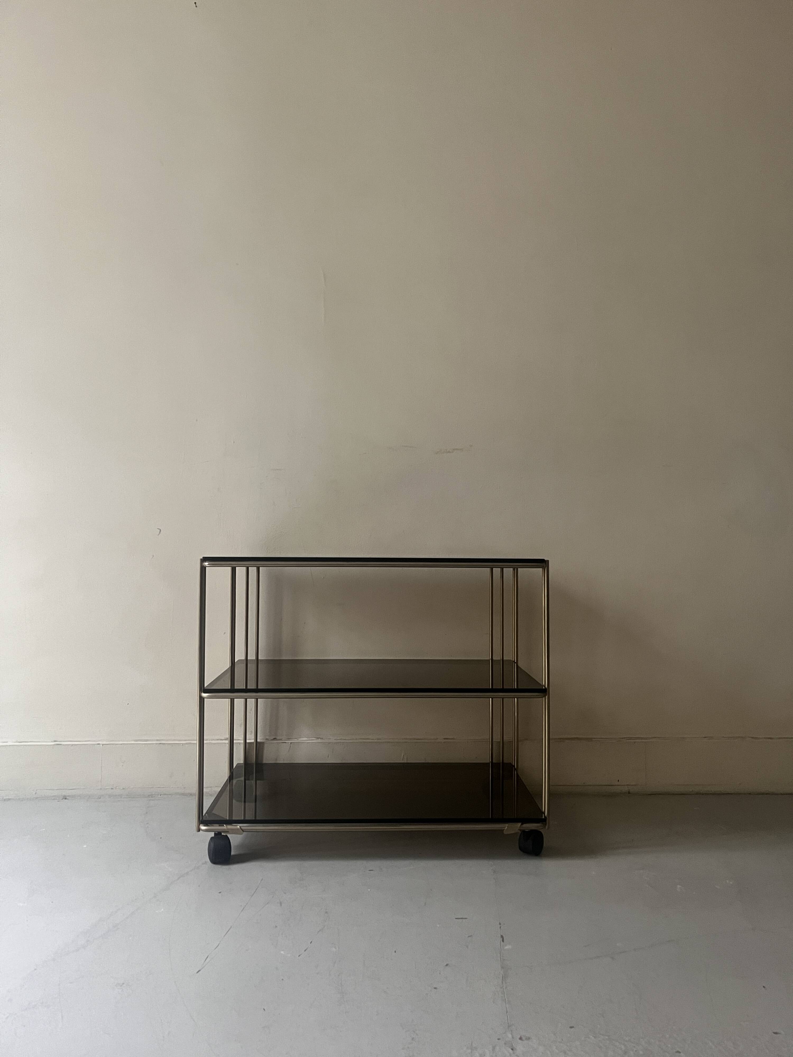 Smoked glass and brass hi-fi/TV stand, circa 1970