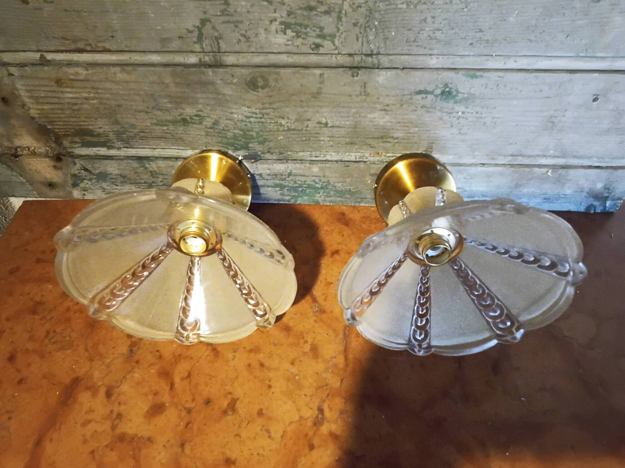 Pair of vintage wall lights in pale yellow granite glass