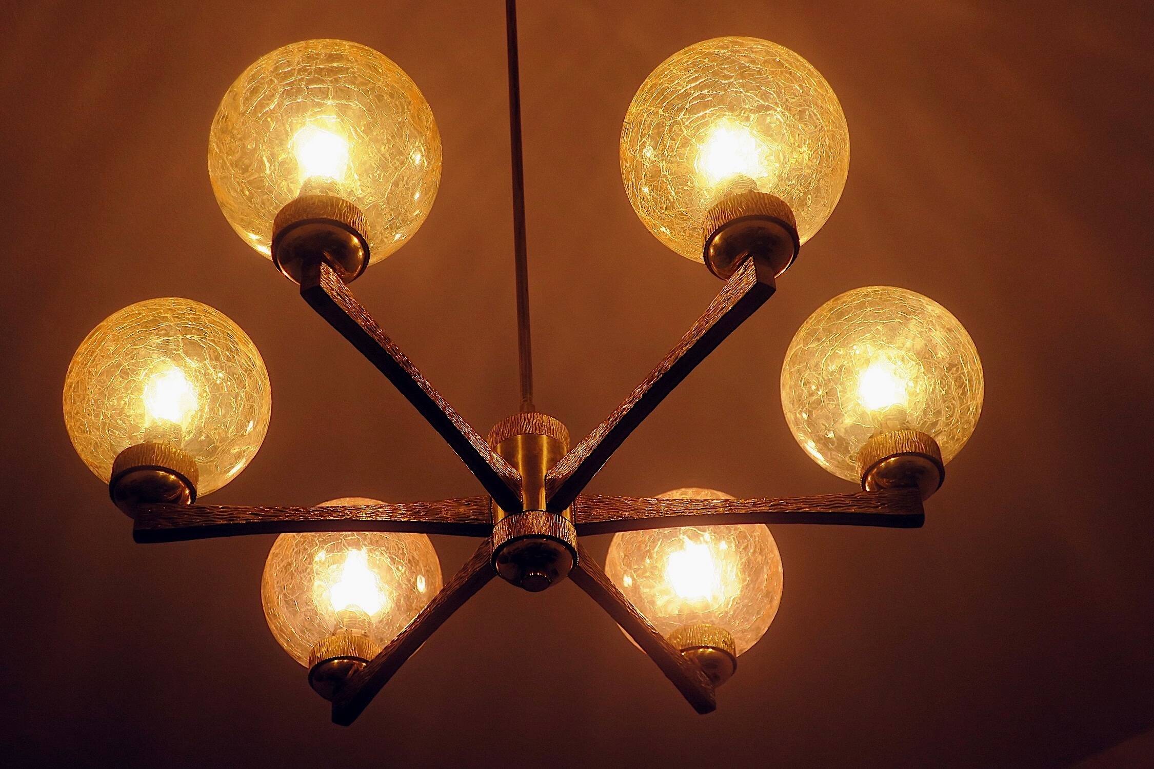 Angelo Brotto intricate gold-plated brass chandelier with 6 globes, 1960s