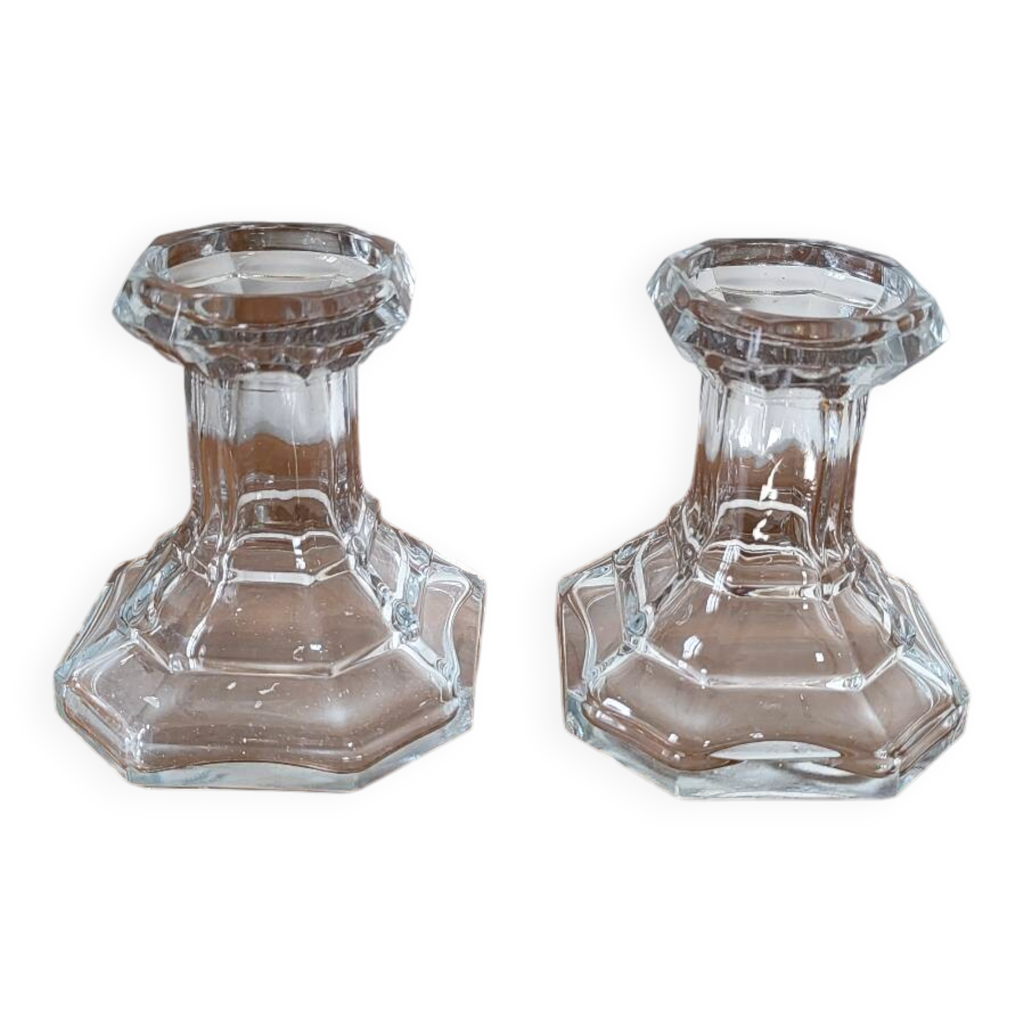 PAIRE DE BOUGEOIRS EN VERRE PANS COUPES MILIEU XXE L1927 Transparent