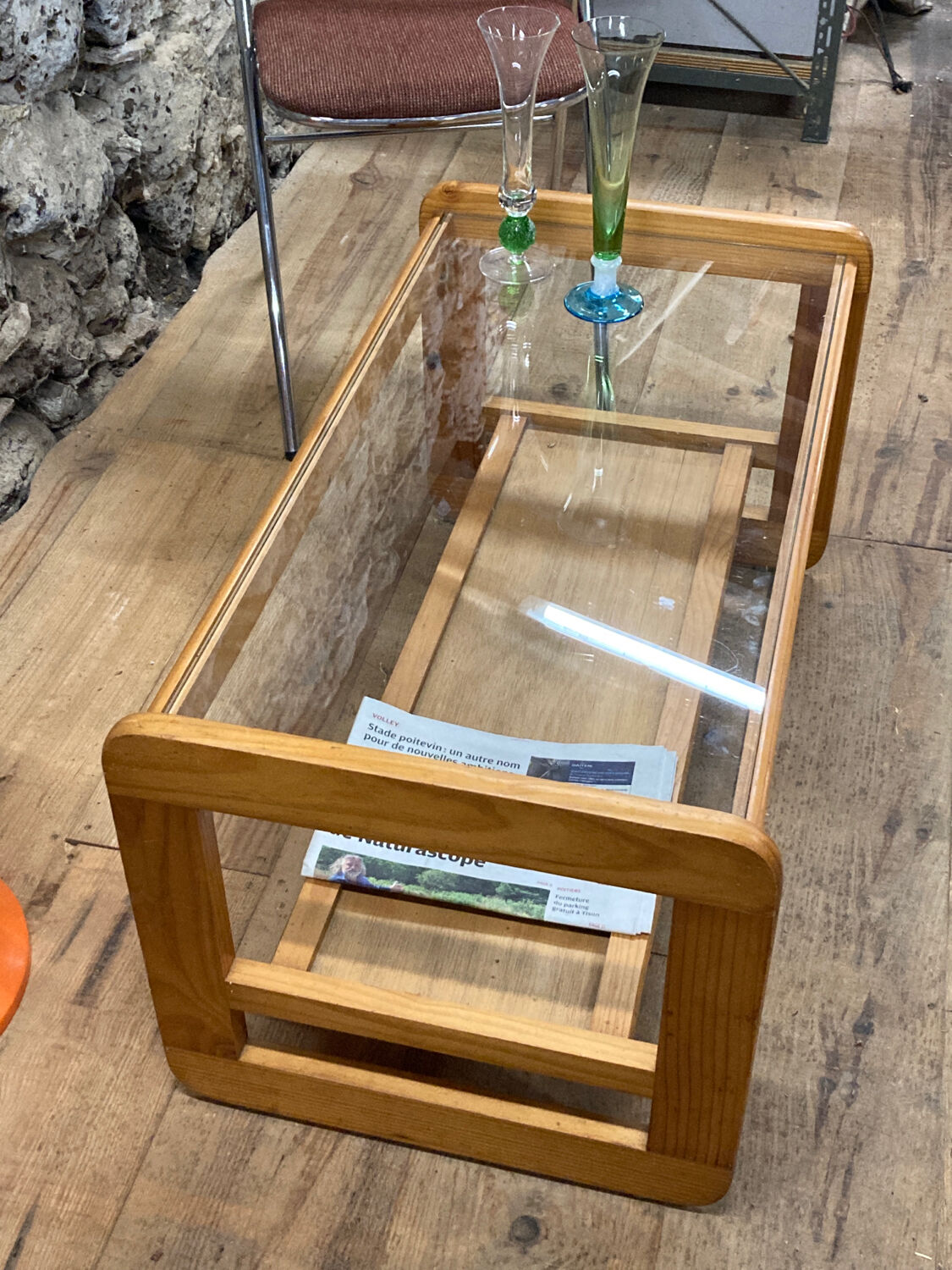 Coffee table in pine and glass Regain 1980