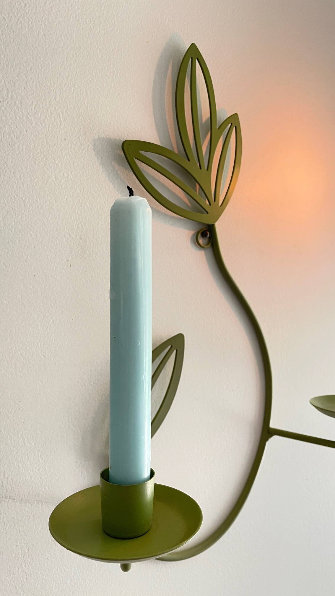 Wall Candle Holder, Green Metal Leaves