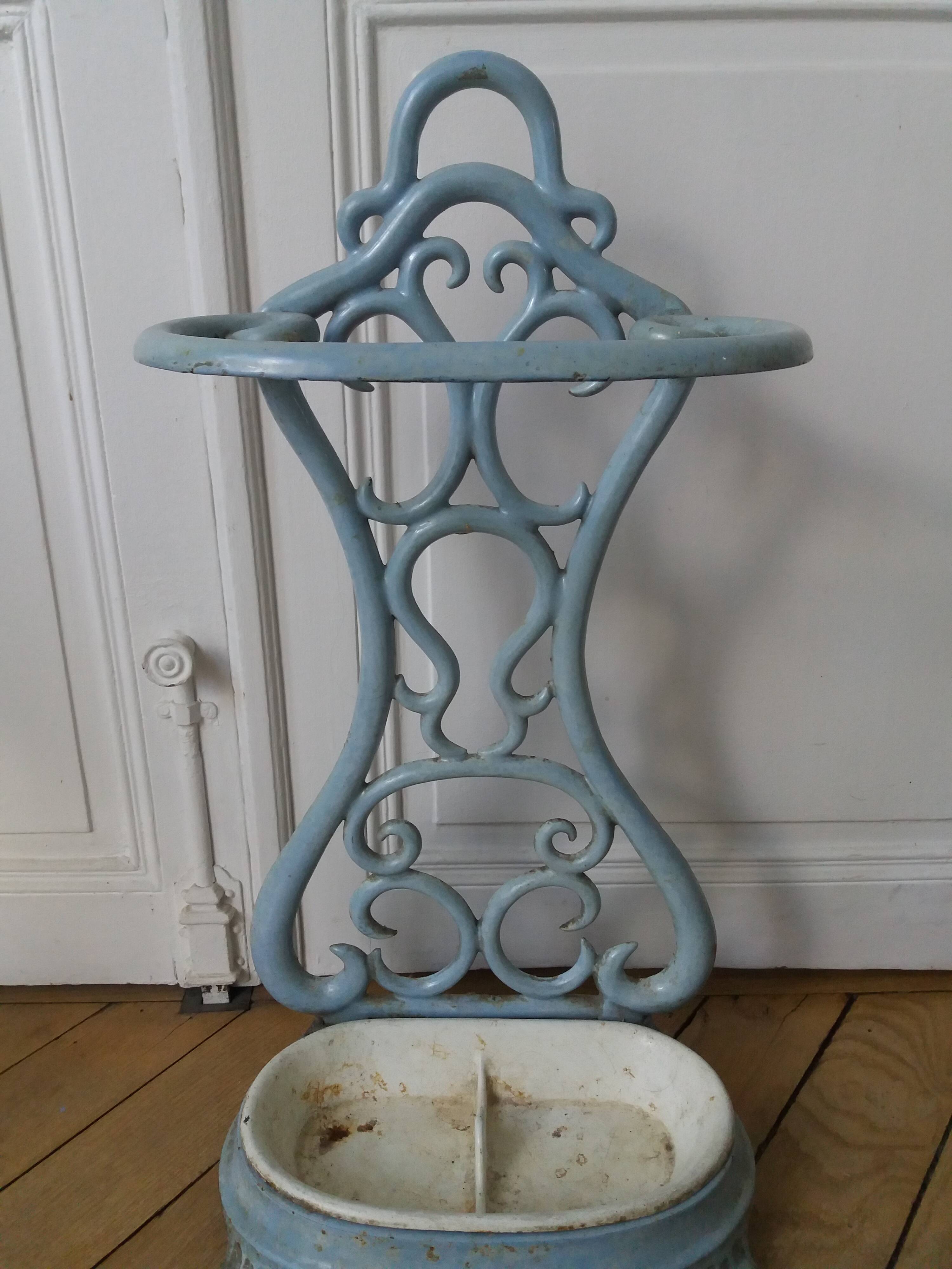 ANTIQUE ENAMELLED BLUE CAST IRON UMBRELLA STAND ART NOUVEAU STYLE