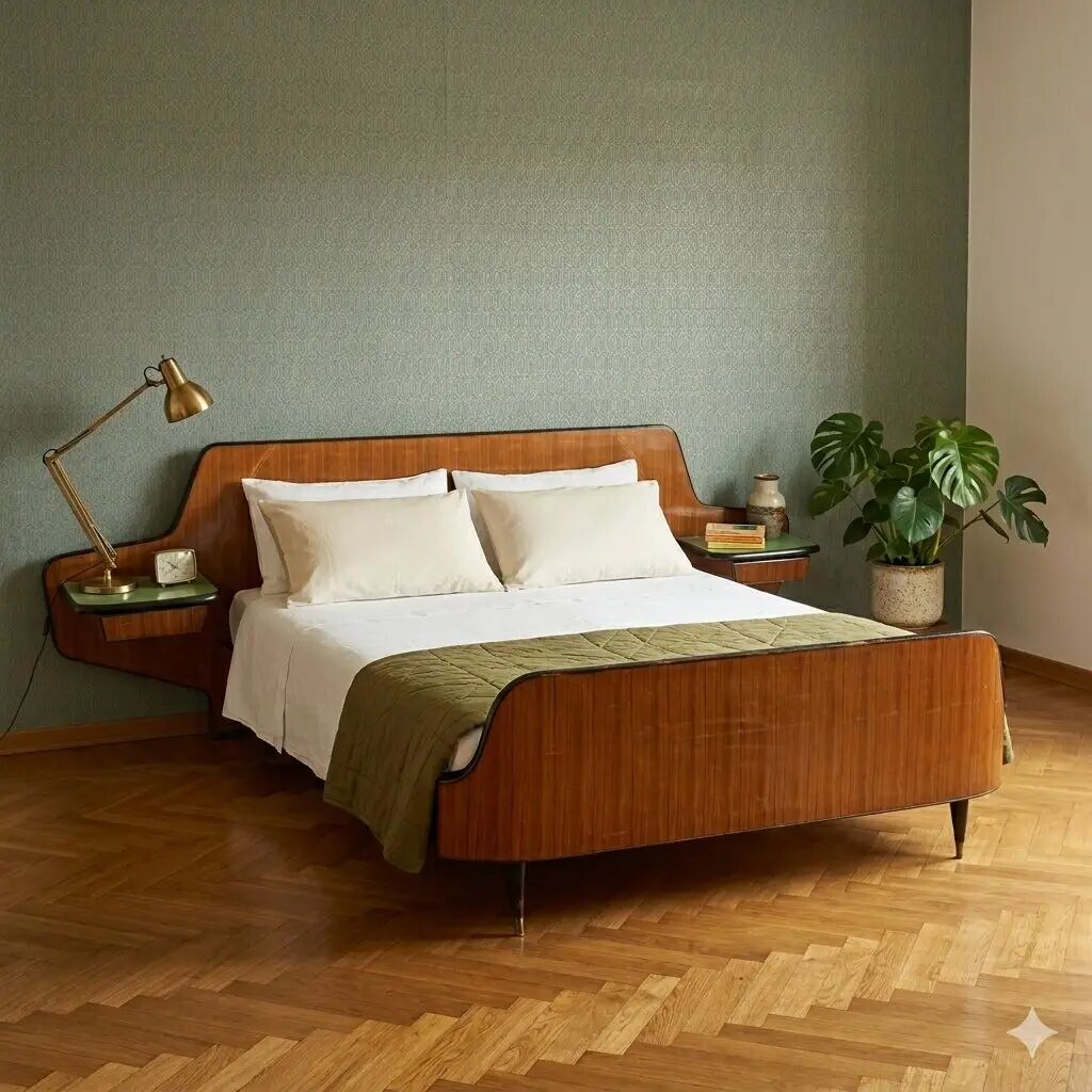 Double bed vintage with exotic wood bedside tables, 1950s design.