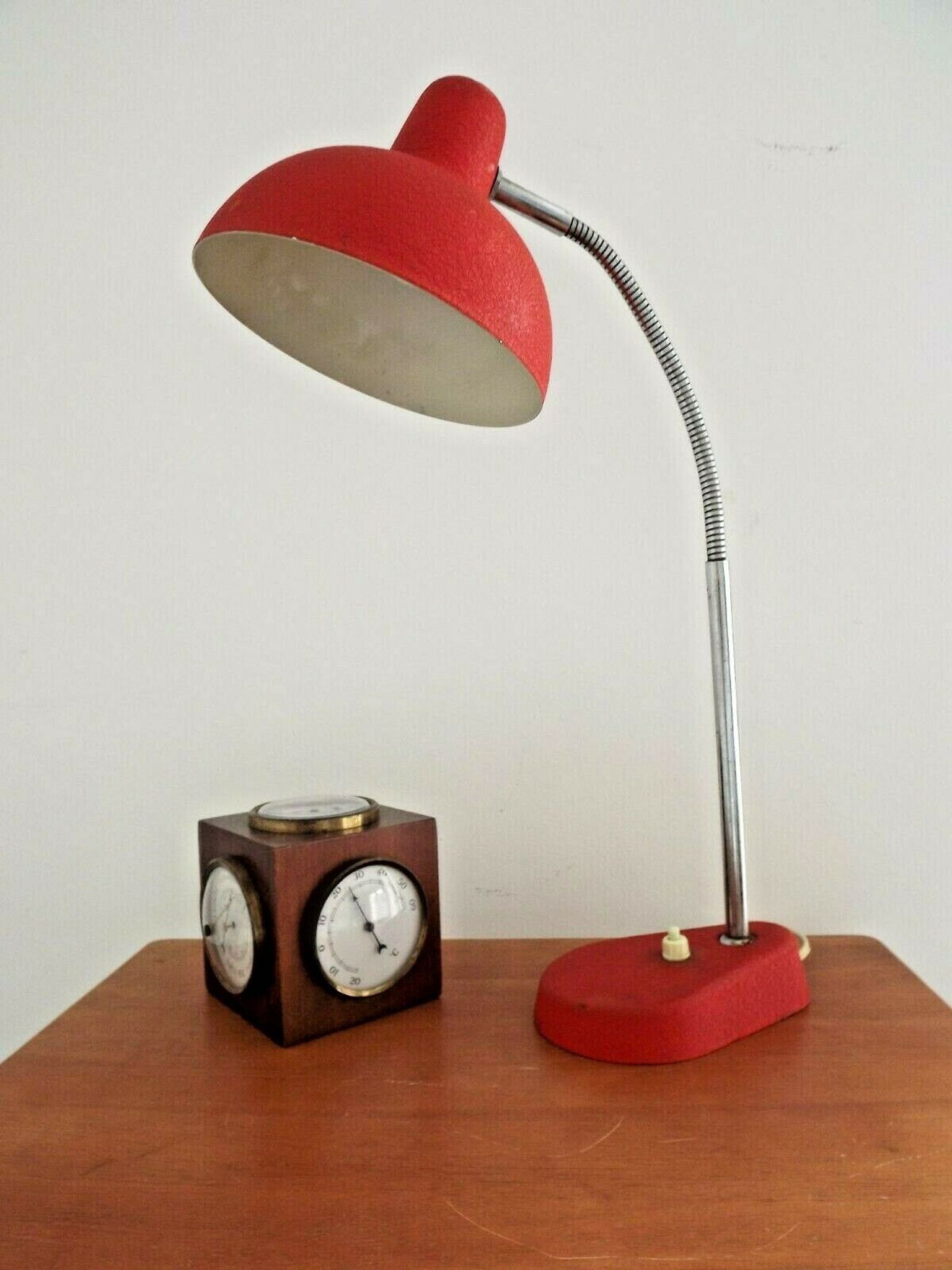 Lampe de Table Col de Cygne en Métal Rouge & Argent