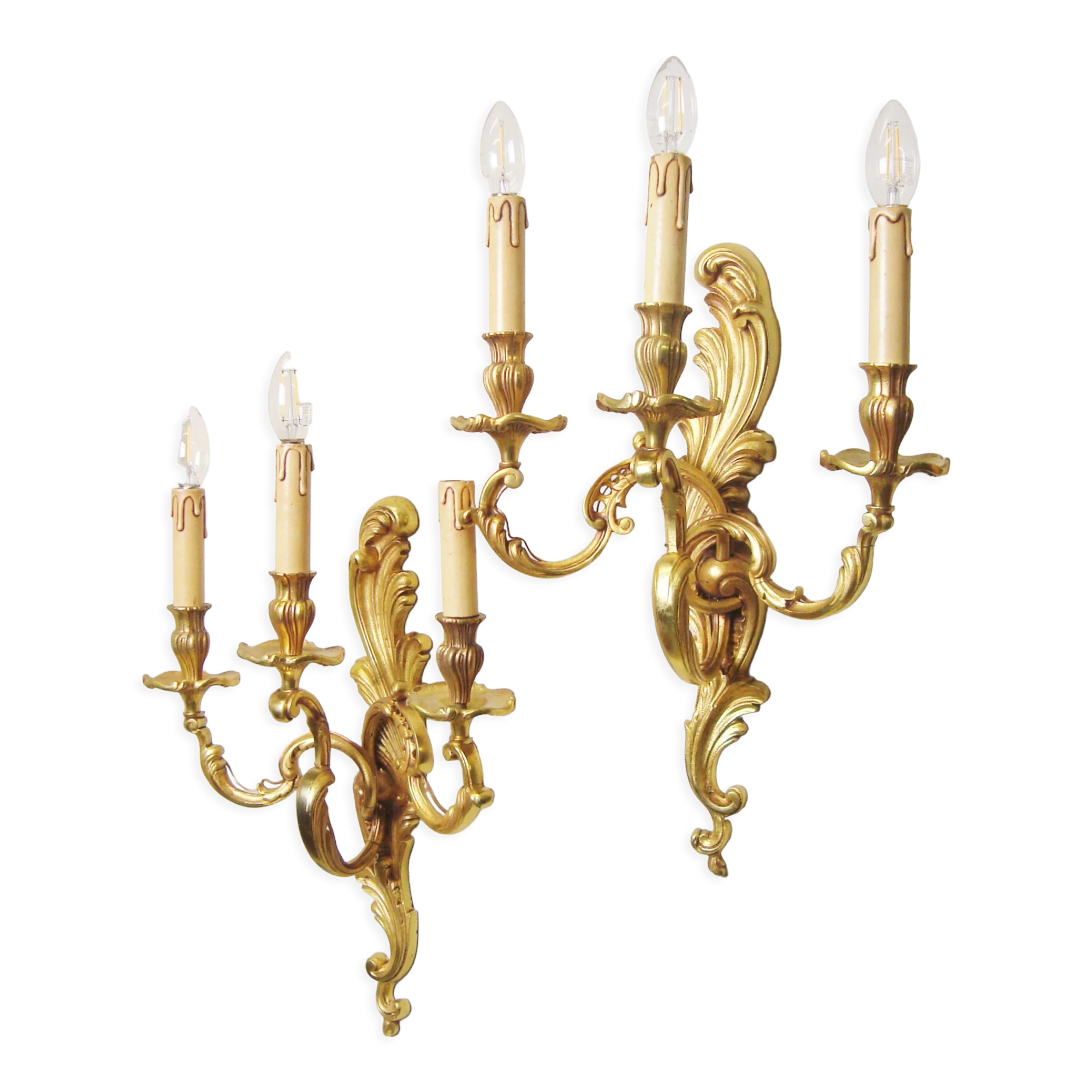 Pair of Lucien Gau bronze wall lamps with three arms Rockery style