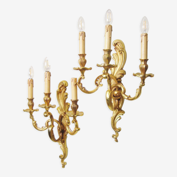 Pair of Lucien Gau bronze wall lamps with three arms Rockery style