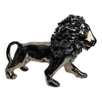Iridescent silver ceramic lion, 21st century decoration