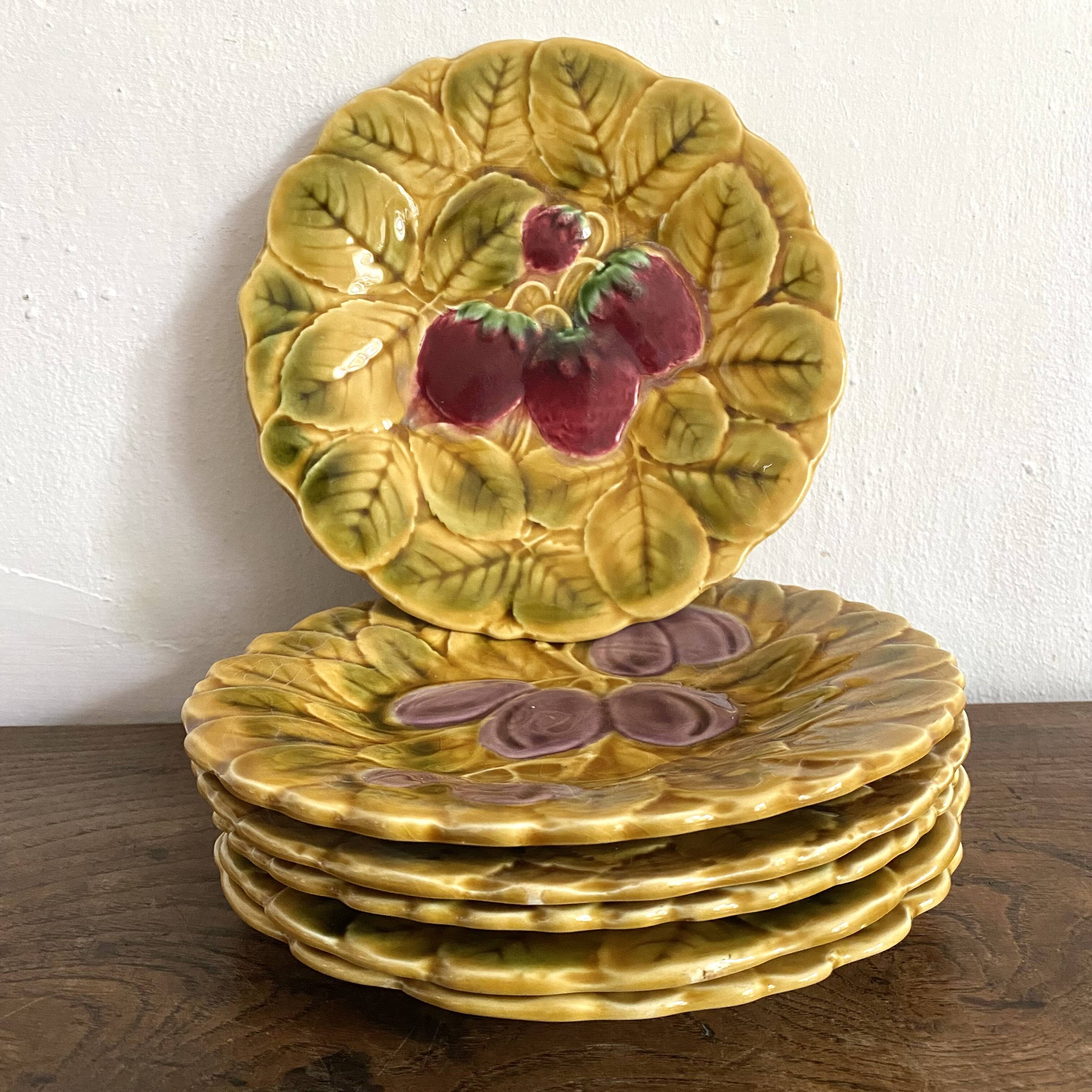 Sarreguemines barbotine plates with fruit decoration