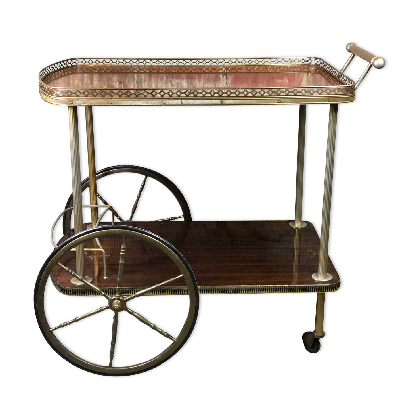 Vintage brass rolling table with 2 trays 70'S