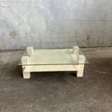Table basse sculpturale travertin et verre, vintage 1980s
