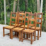 6 solid oak and straw chairs with high backs