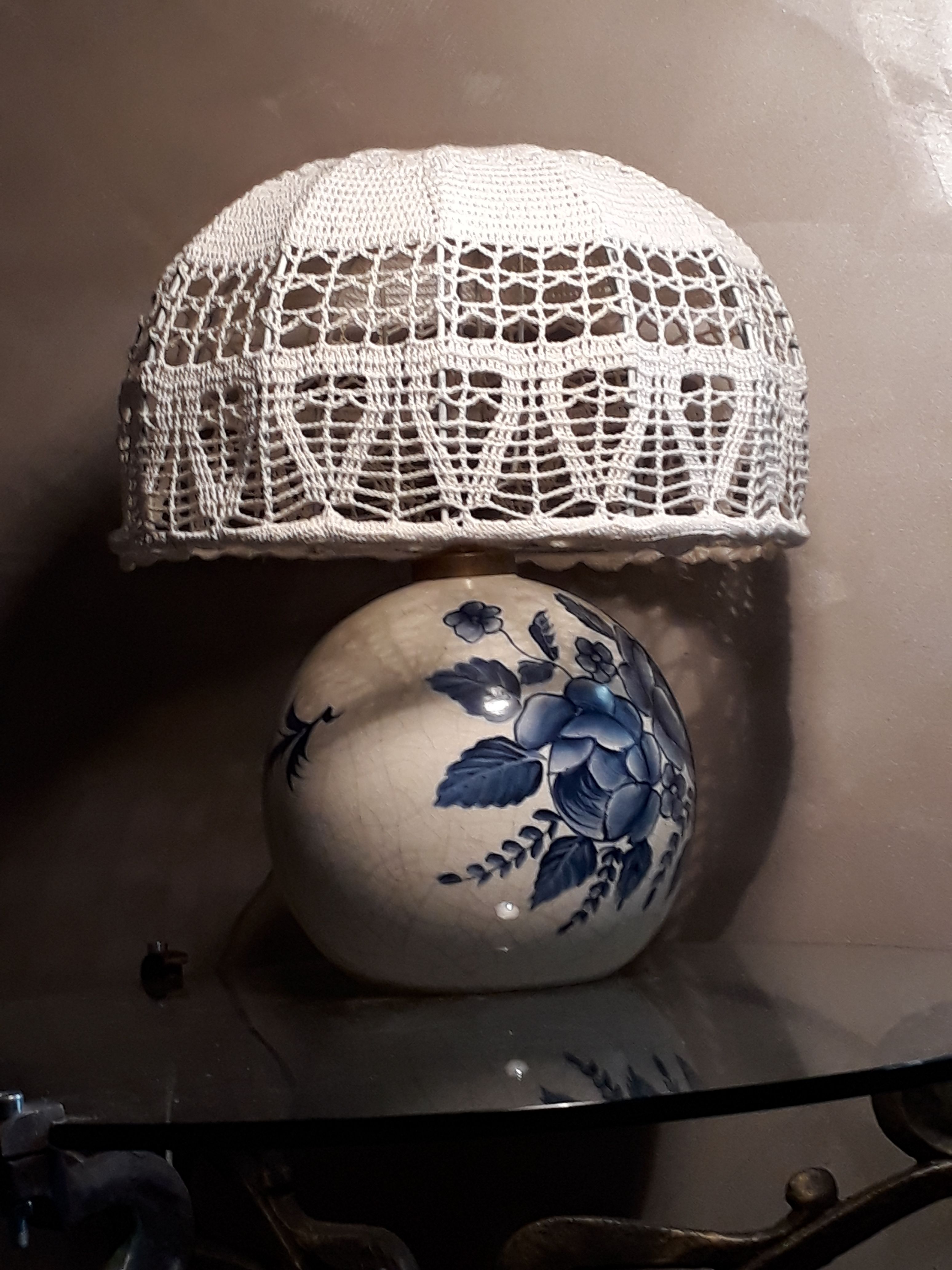 Hand-painted porcelain lamp varnish and crack, crochet-made lampshade, h 48x30cm
