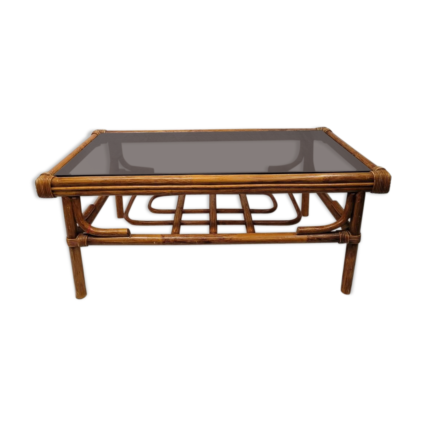 Rattan coffee table and smoked glass, 70s