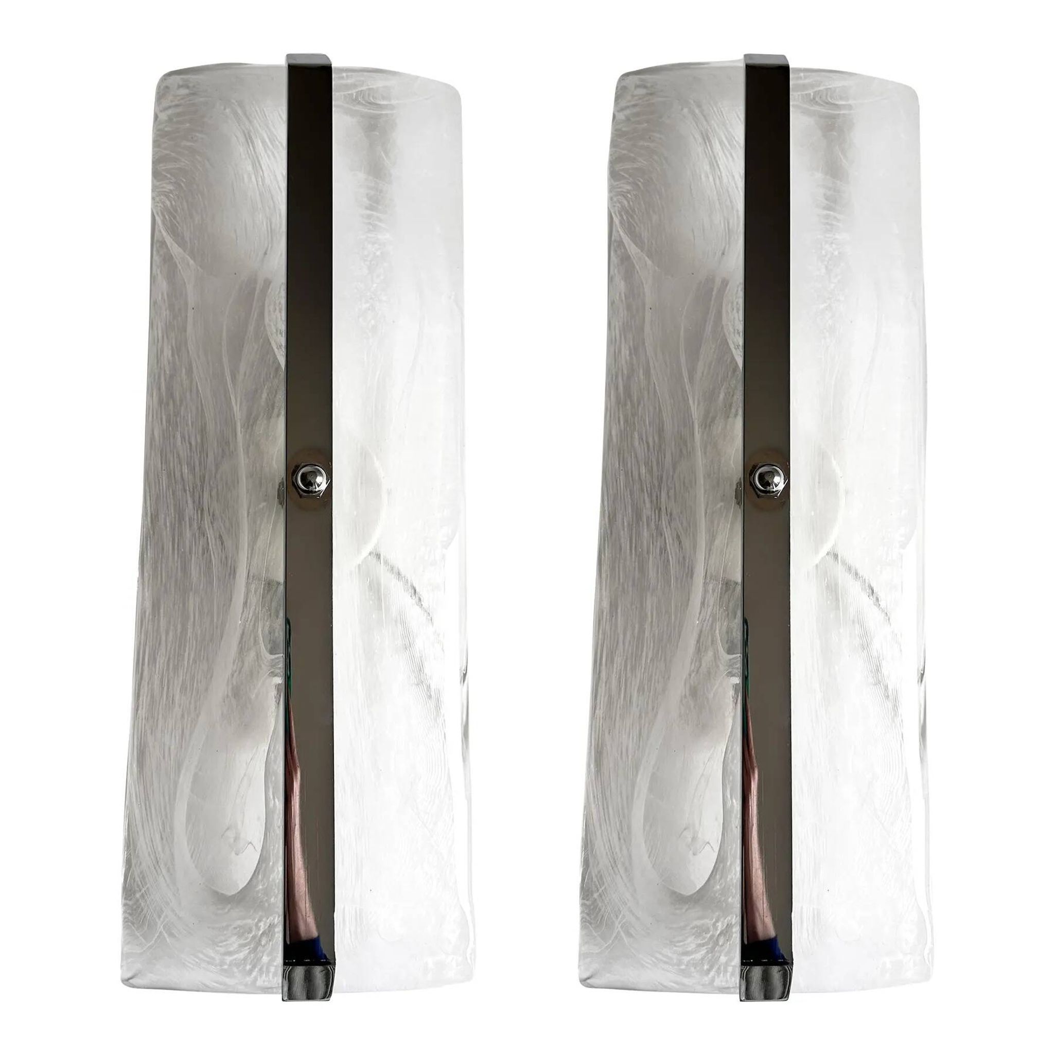 Contemporary Rectangular Venied-White "Alabastro" Murano Glass Chromed Wall