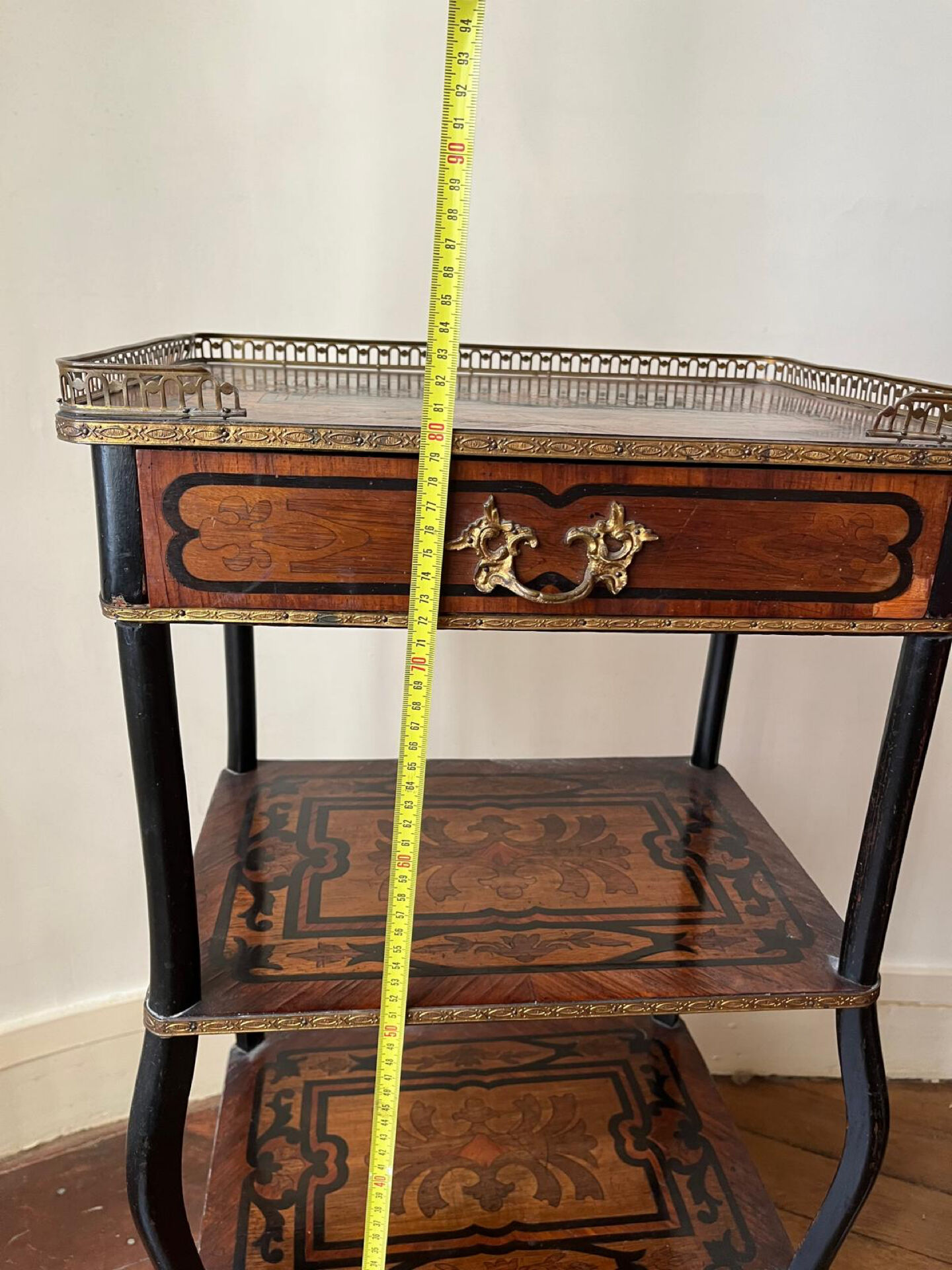 Napoleon III marquetry tiered table — rosewood, brass gallery,