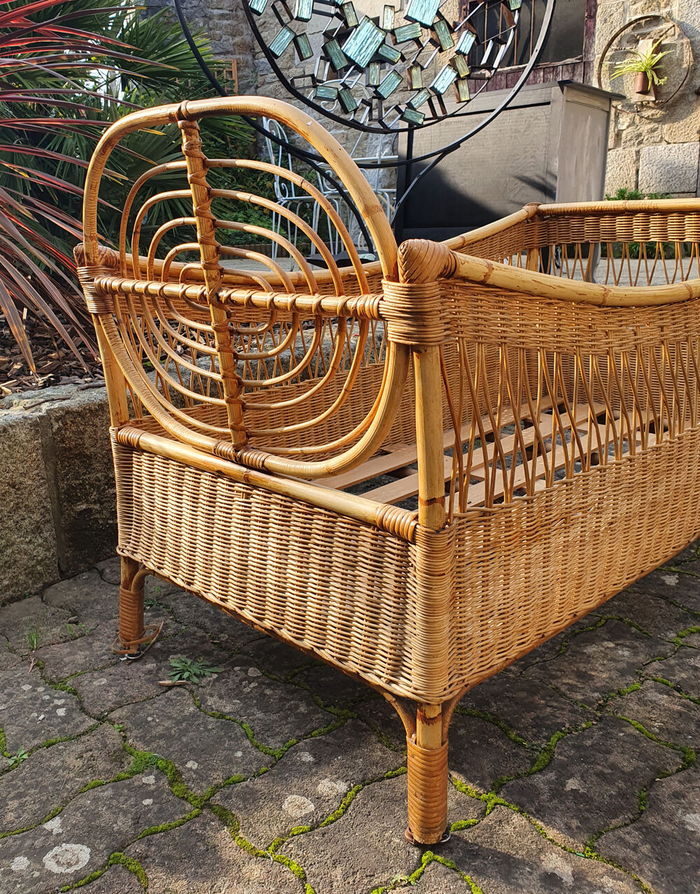 Lit bébé bambou et rotin, vintage années 60