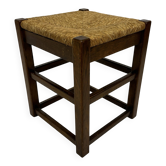 Vintage wooden stool straw seat 60s minimalist design