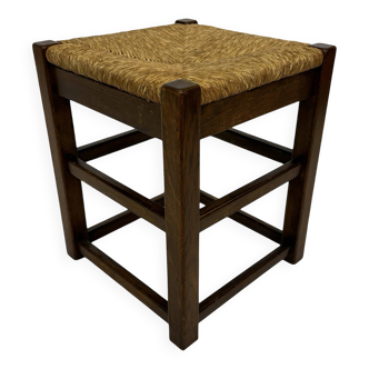Vintage wooden stool straw seat 60s minimalist design