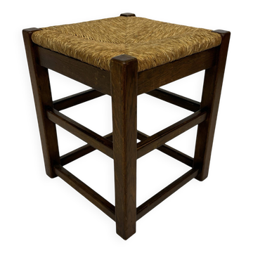 Vintage wooden stool straw seat 60s minimalist design