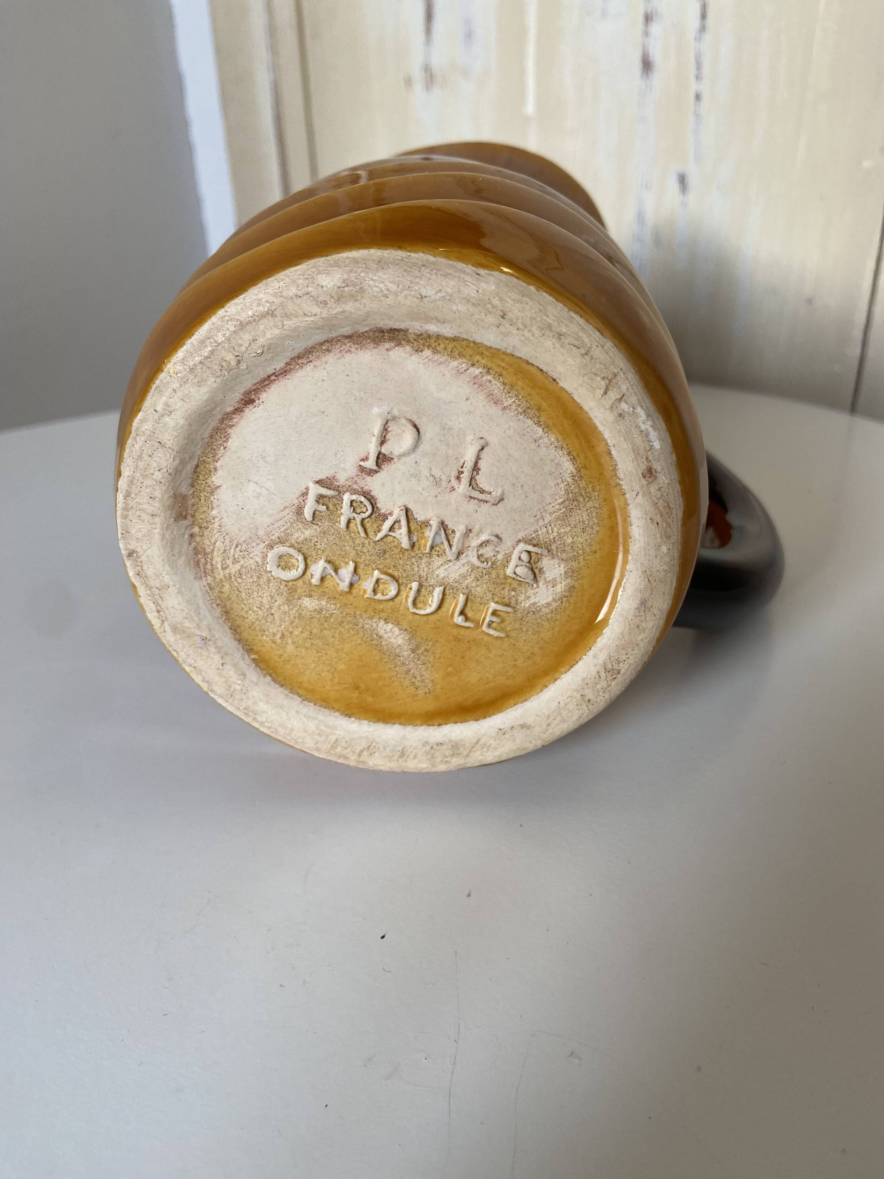 Vintage pitcher carafe Water pot, jug, enamelled ceramic PL France corrugated