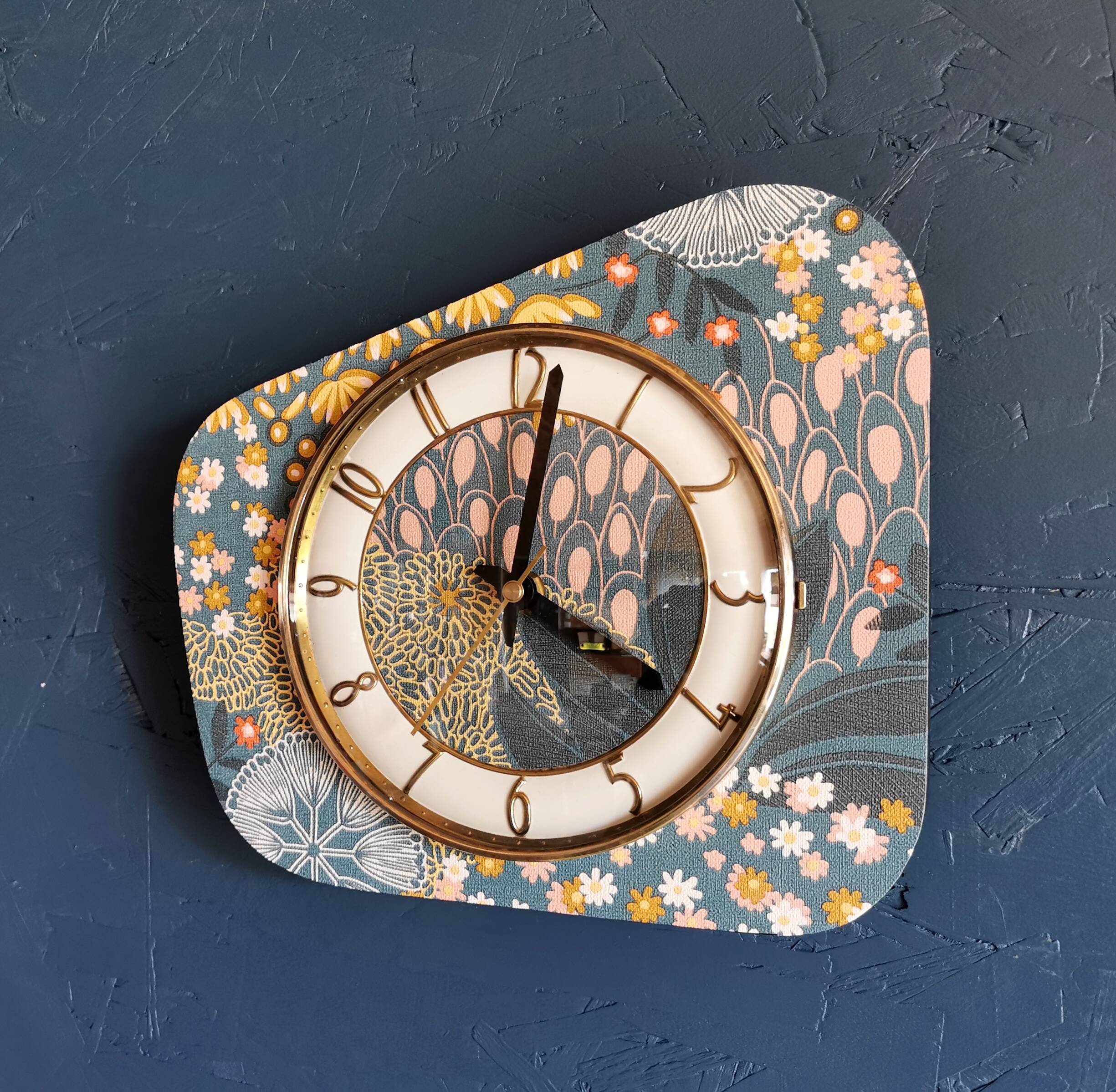 Vintage formica clock silent asymmetrical wall pendulum "Pink ocher blue"