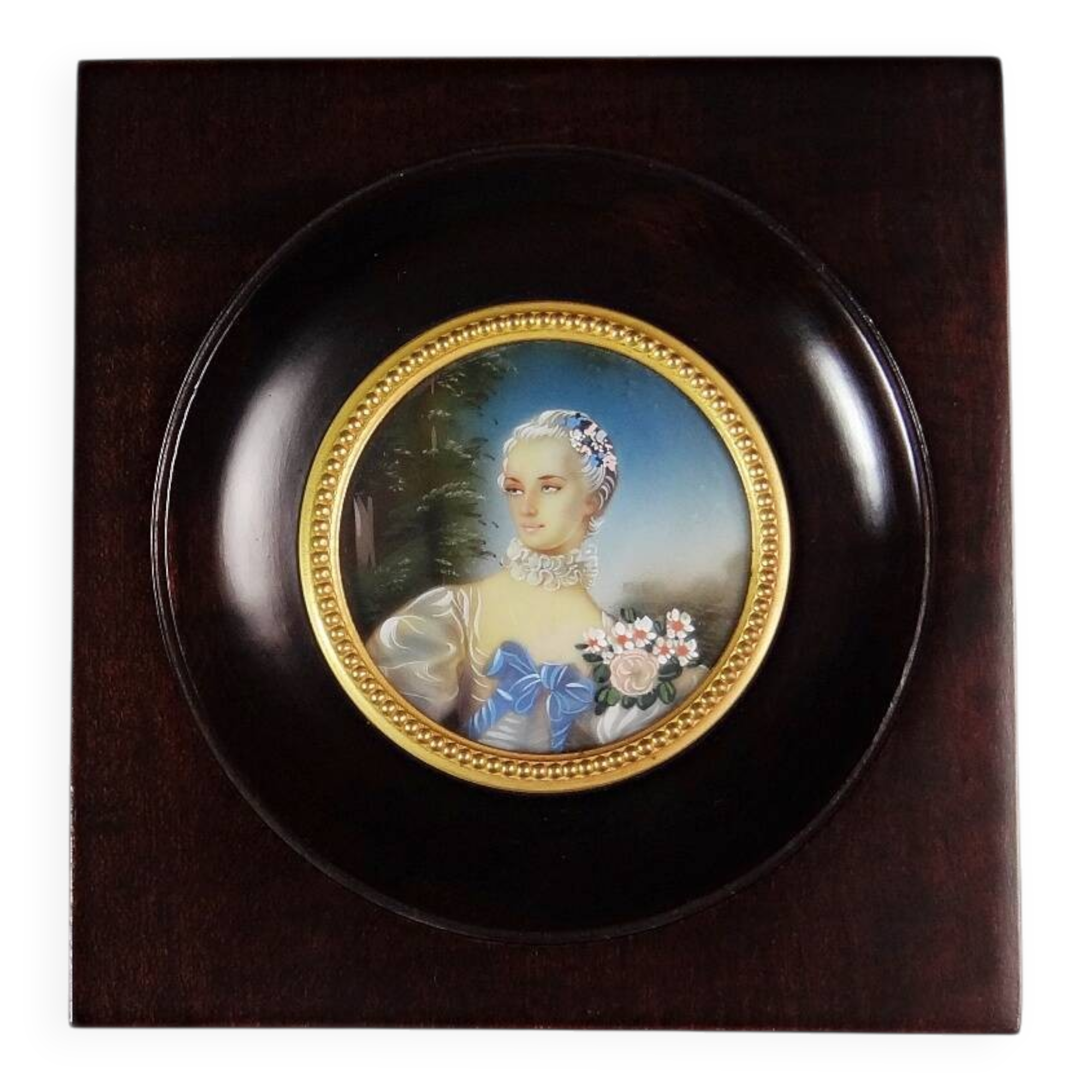 Miniature portrait of Madame Bergeret by Bouchet, hand-painted gouache, 19th century