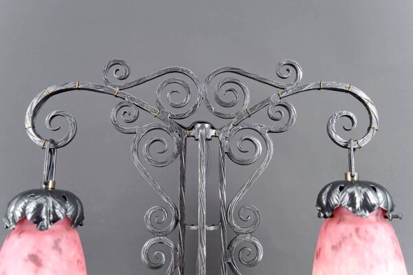 Importante Lampe Bicéphale en Fer Forgé par Schneider, Art Déco, c. 1920