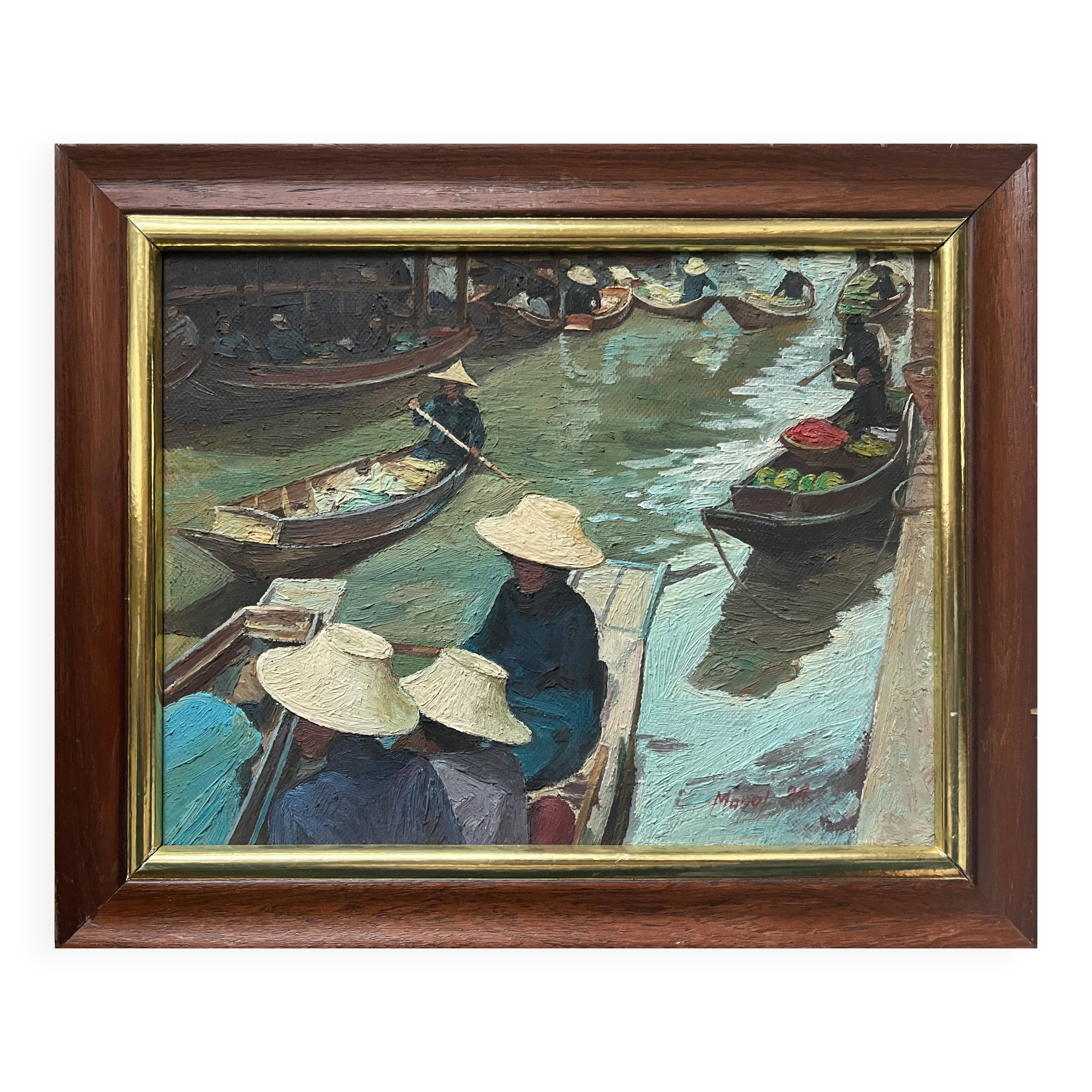 Tableau HSP "Paysage du Vietnam" signé J. Mamo 1984