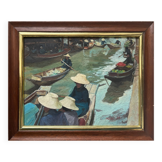 Oil painting on panel "Landscape of Vietnam" signed J. Mamo 1984