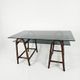 Bureau en rotin double plateau en verre fumé, années 70.