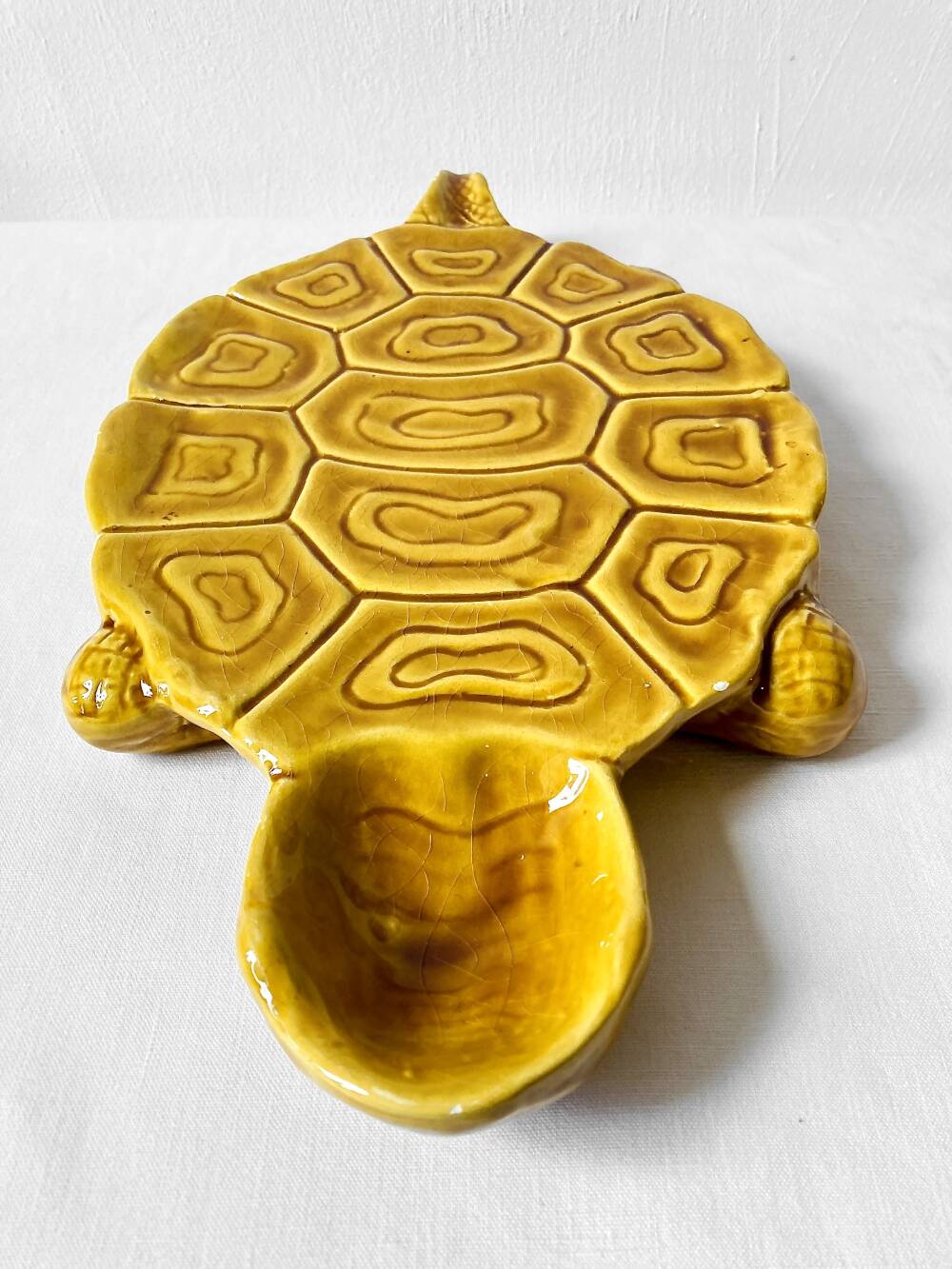 Large mustard yellow ceramic turtle dish, vintage 1950s-1970s.