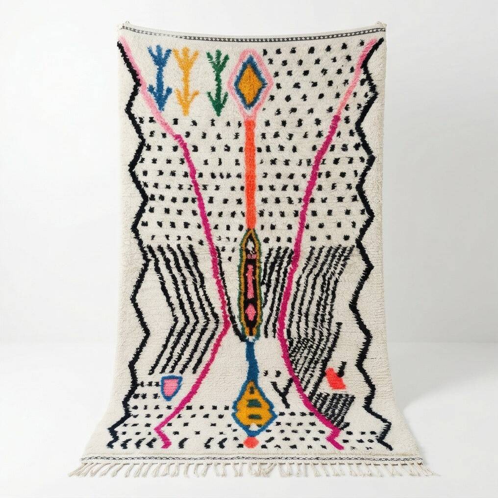 Colourful Azilal Berber rug with black dots