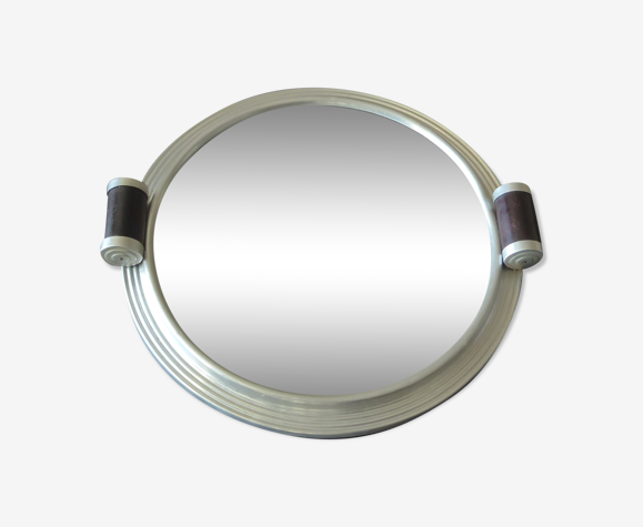 Plateau miroir rond prises cylindriques monture en alu-vintage années 40/50