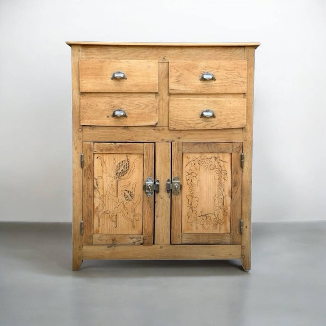 Parisian art deco sideboard in solid raw wood with pyrographed decorations, 1929