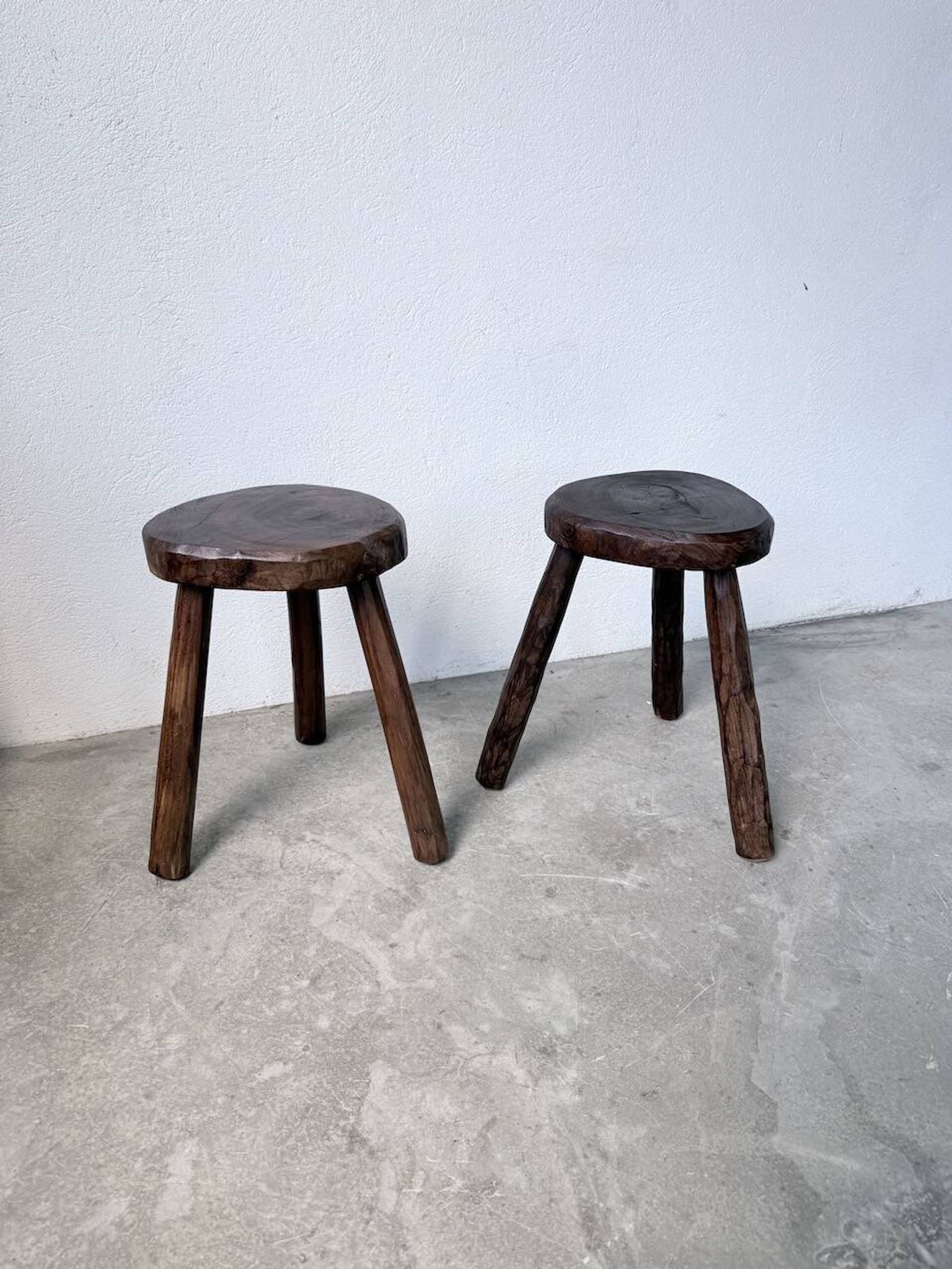 Pair of tripod stools in oak