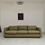 Pierre Frey modernist bench in green and gold patterned fabric