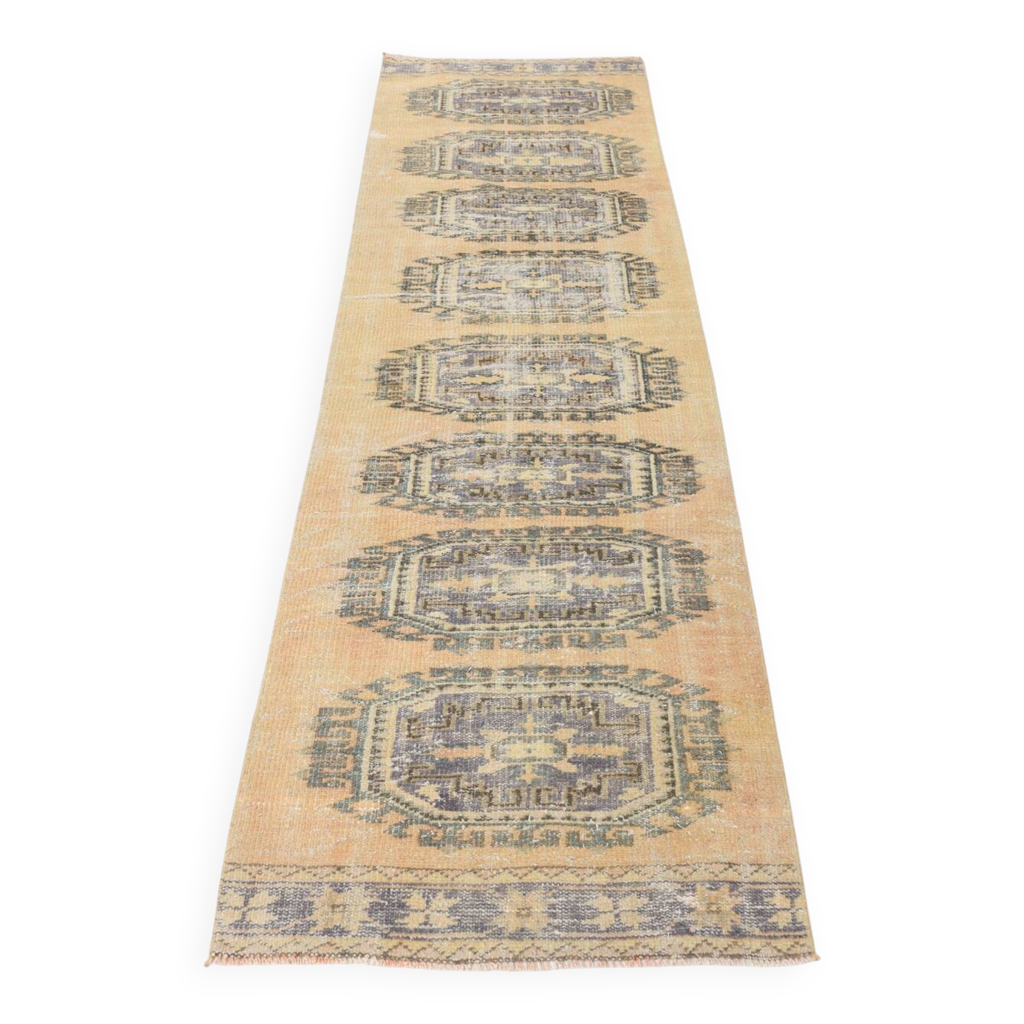 Faded Mustard Geometric Pattern Vintage Persian Runner Rug, 85x306 Cm