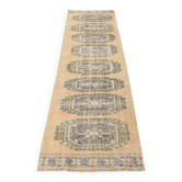 Tapis couloir persan vintage à motif géométrique moutarde décoloré, 85x306 cm