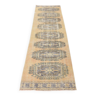 Faded Mustard Geometric Pattern Vintage Persian Runner Rug, 85x306 Cm