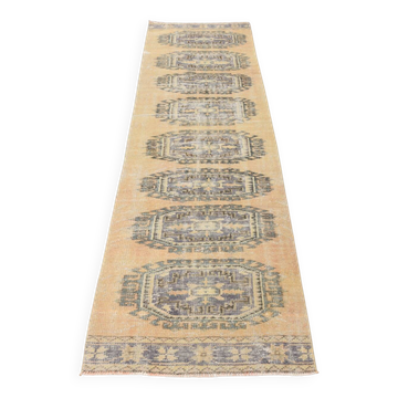 Faded Mustard Geometric Pattern Vintage Persian Runner Rug, 85x306 Cm