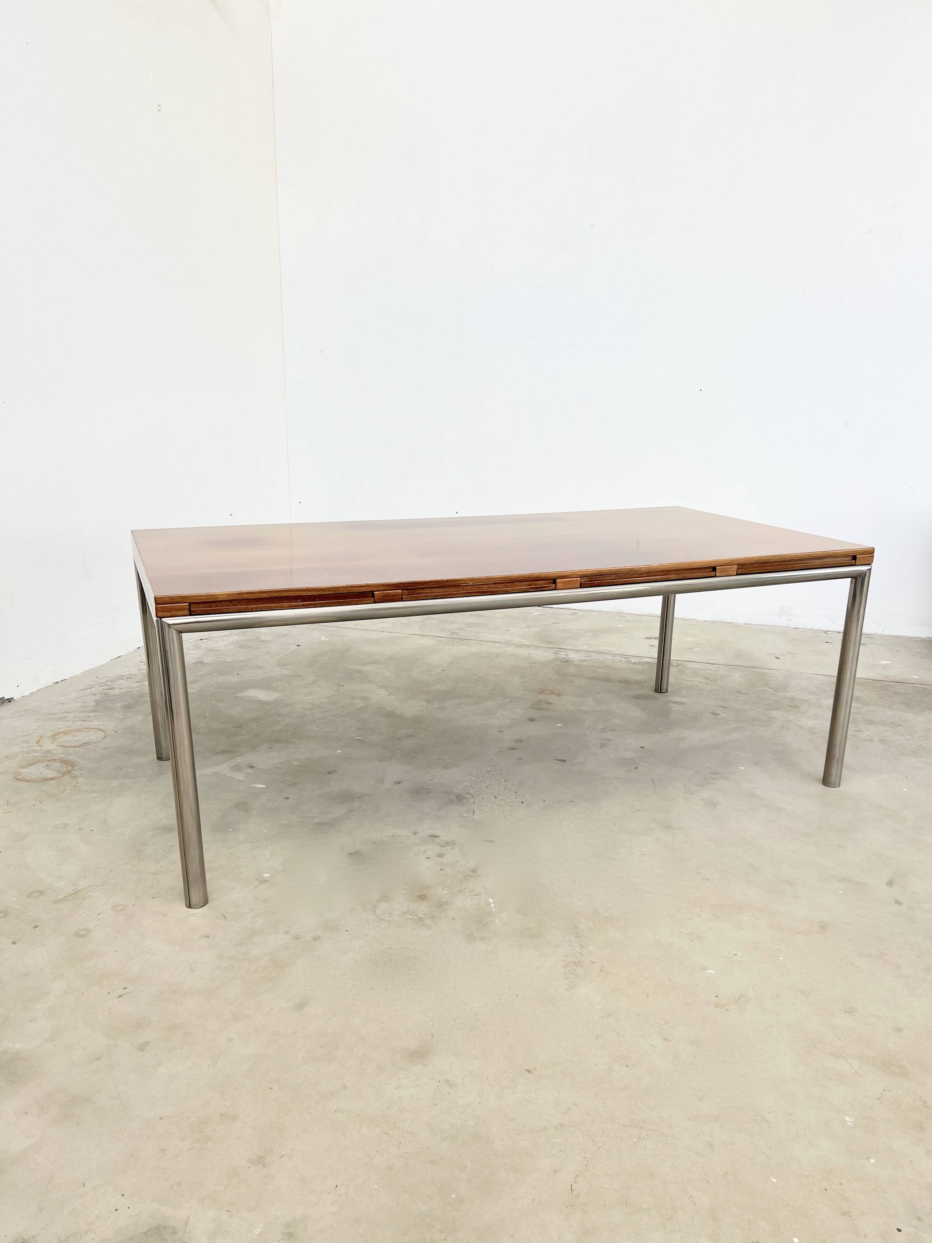 Italian walnut and chrome dining table with 4 drawers