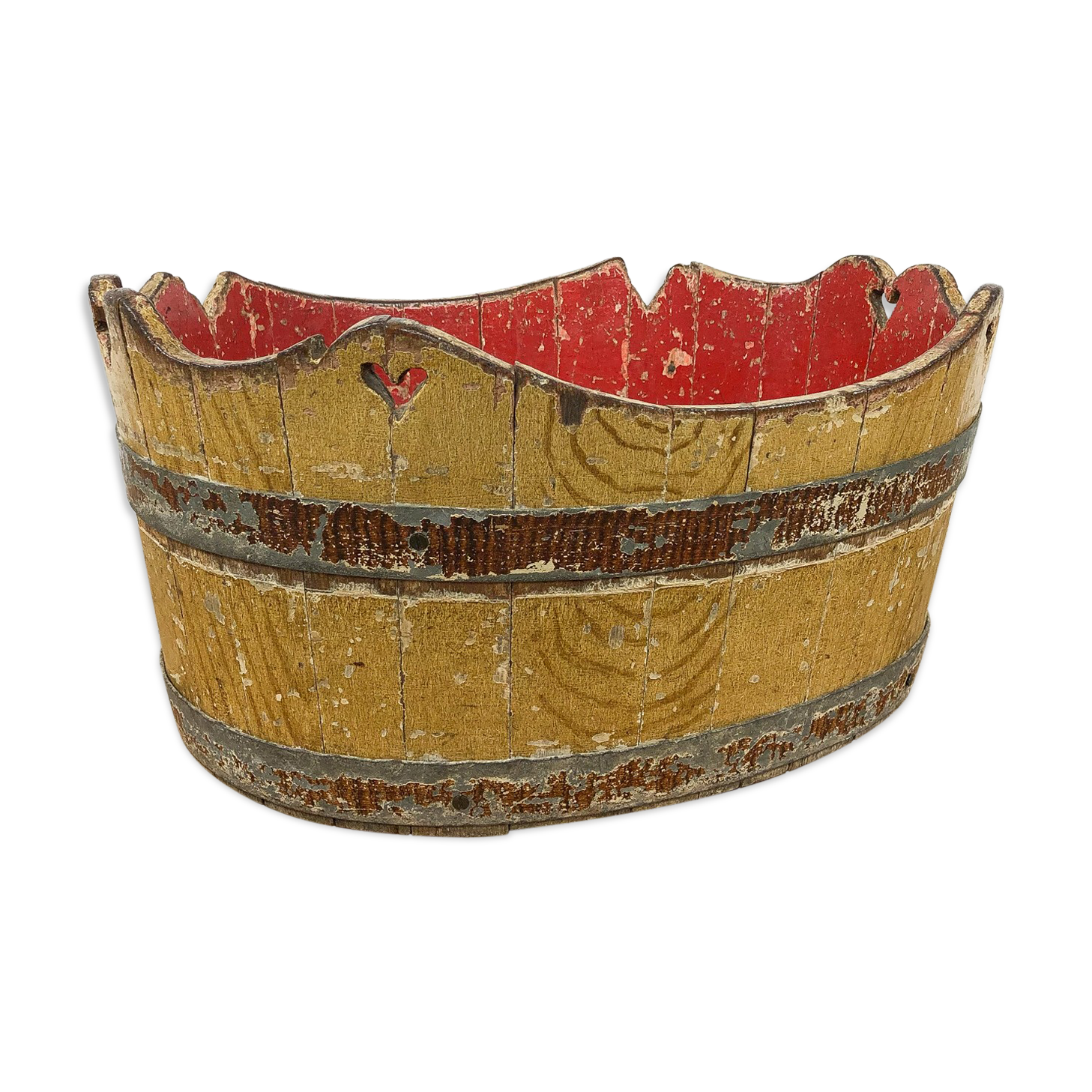 Antique cocked painted wooden bucket wash tub German Folk art