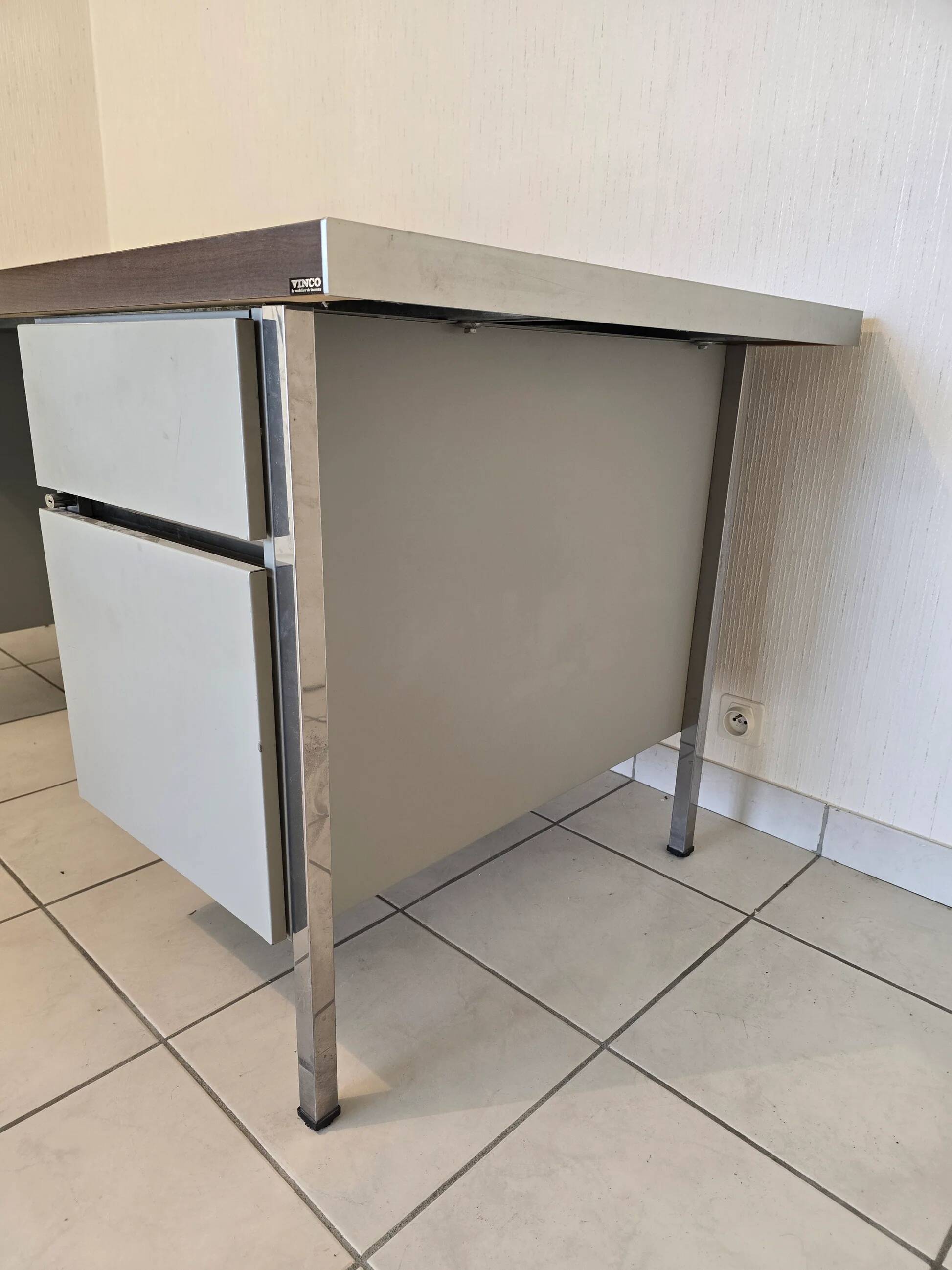 Vintage VINCO desk from the 70s – chrome metal and wooden top – 170 cm