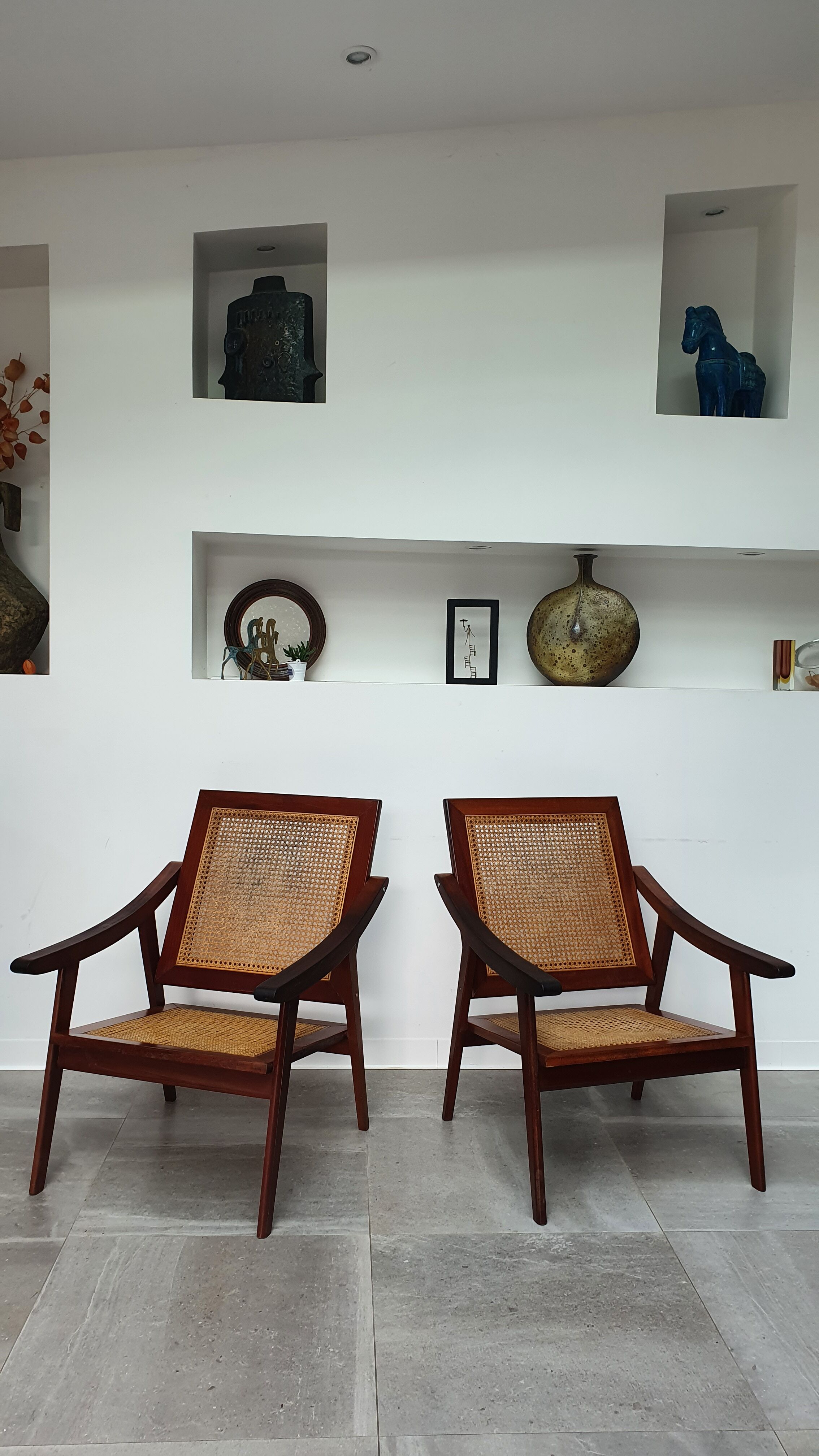 Pair of armchairs in red teak and cannage