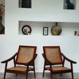 Pair of armchairs in red teak and cannage
