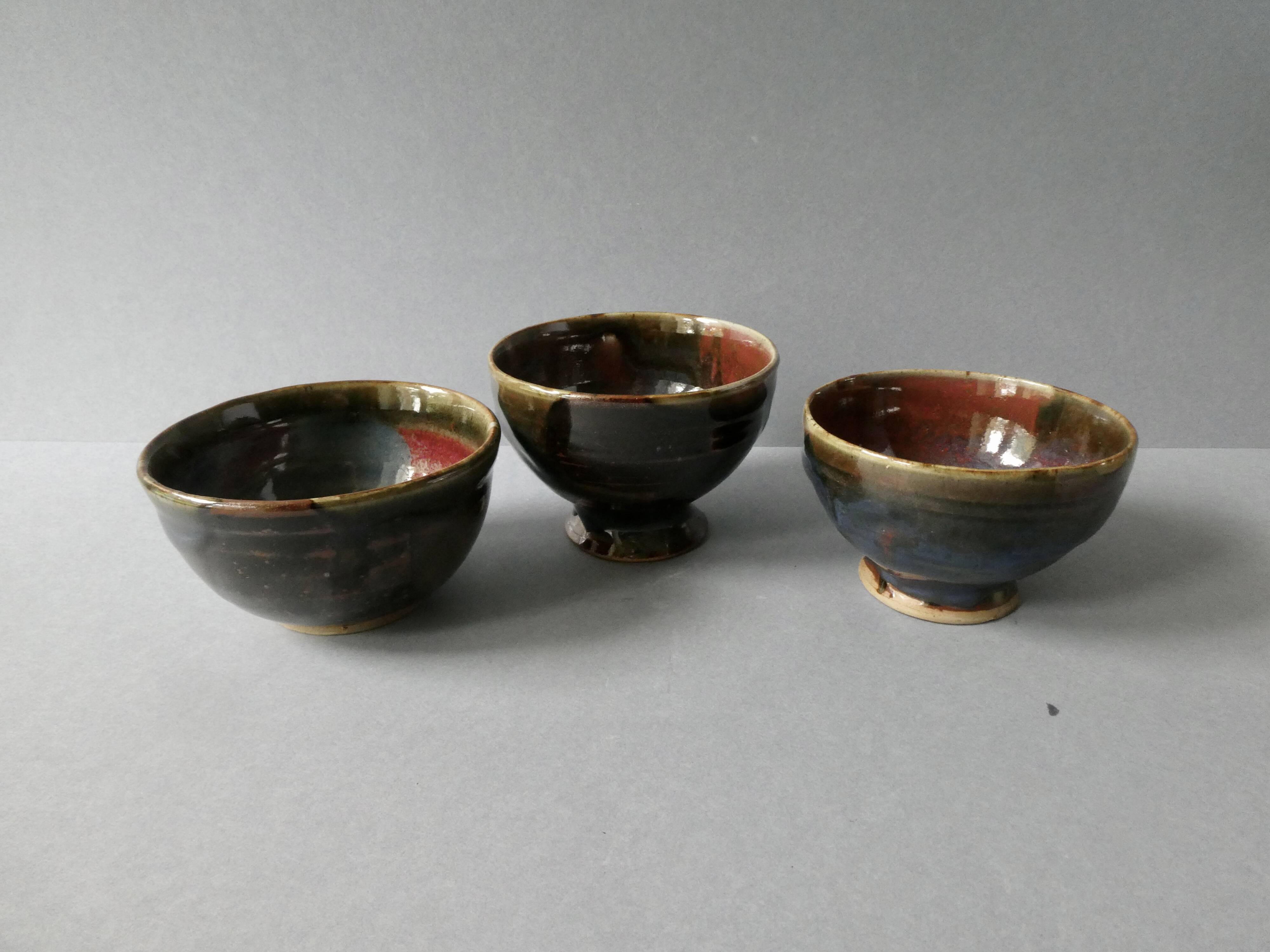 3 stoneware tea bowls signed Michel Lanos
