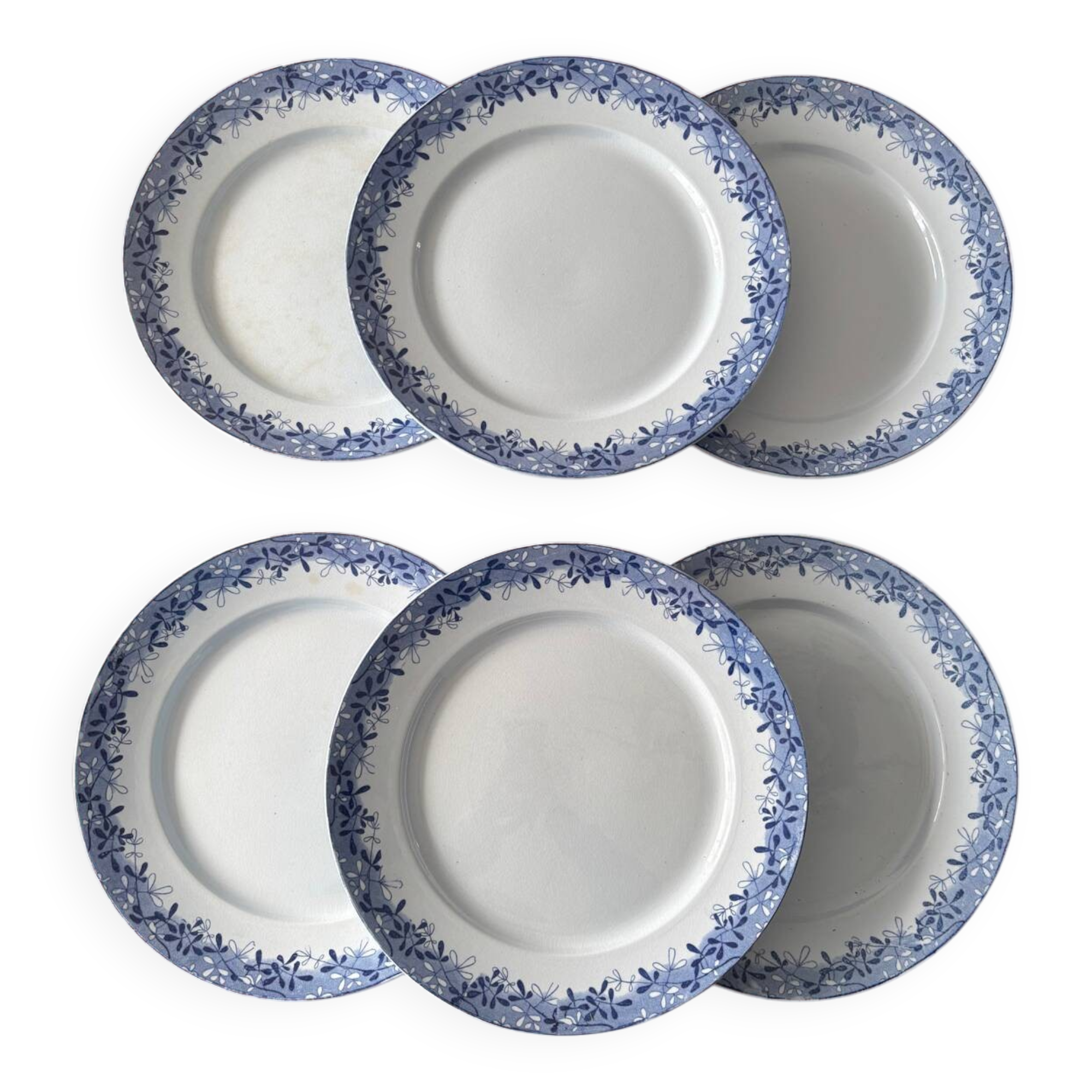 Set of 6 mimosa plates from Sarreguemines, old blue earthenware