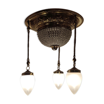 Modernist brass and glass ceiling lamp. Czechoslovakia, 1900s.